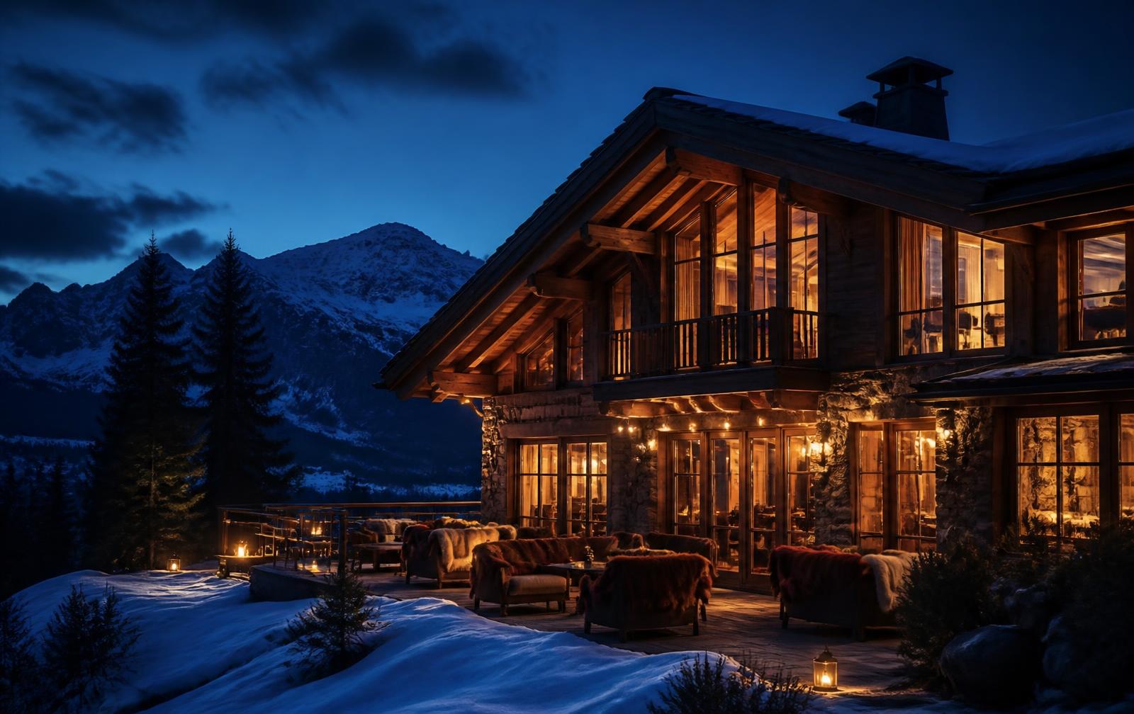Chalet alpino iluminado al anochecer con montañas nevadas